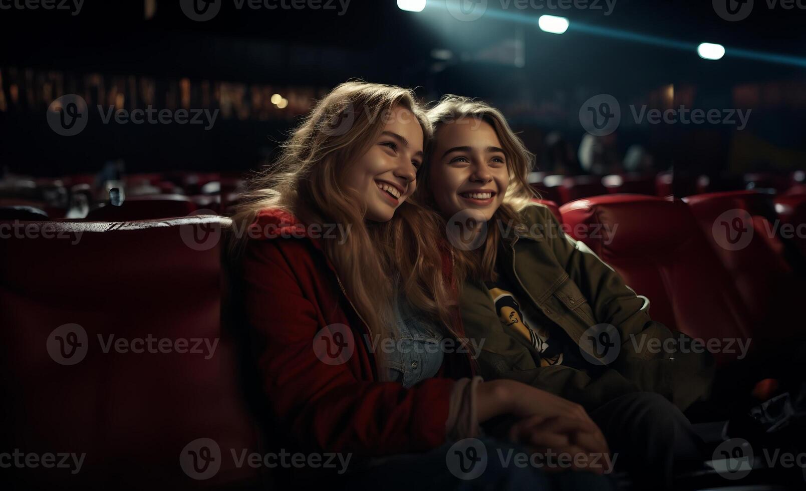 Two modern friends are seen sitting in a cinema, enjoying each other's company while delighting in the experience of watching a film together.Generated image photo