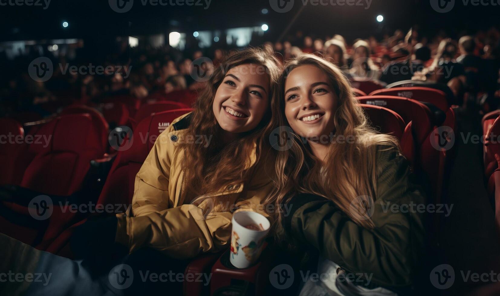 Two modern friends are seen sitting in a cinema, enjoying each other's company while delighting in the experience of watching a film together.Generated image photo