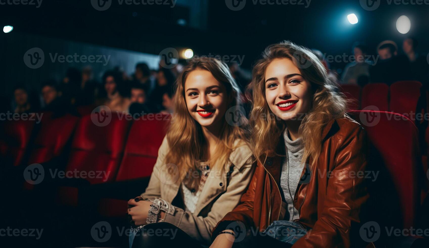 Two modern friends are seen sitting in a cinema, enjoying each other's company while delighting in the experience of watching a film together.Generated image photo