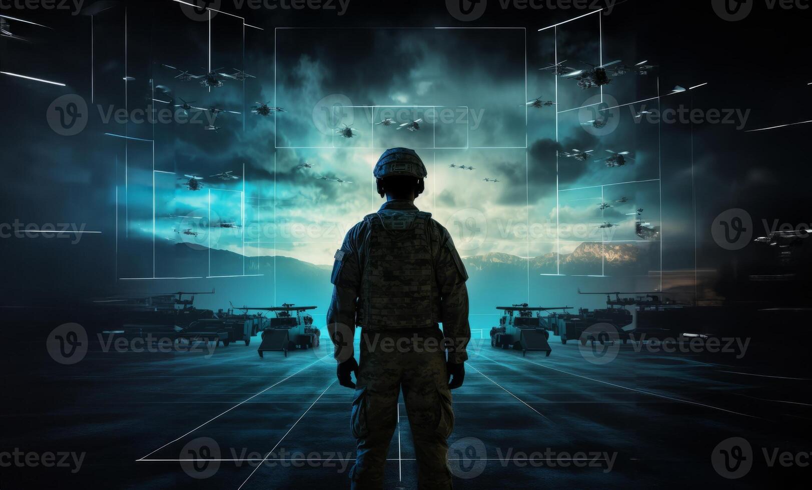 A special soldier is depicted observing the wartime situation and the advancement of his military army through holographic displays, showcasing strategic analysis and tactical planning in photo