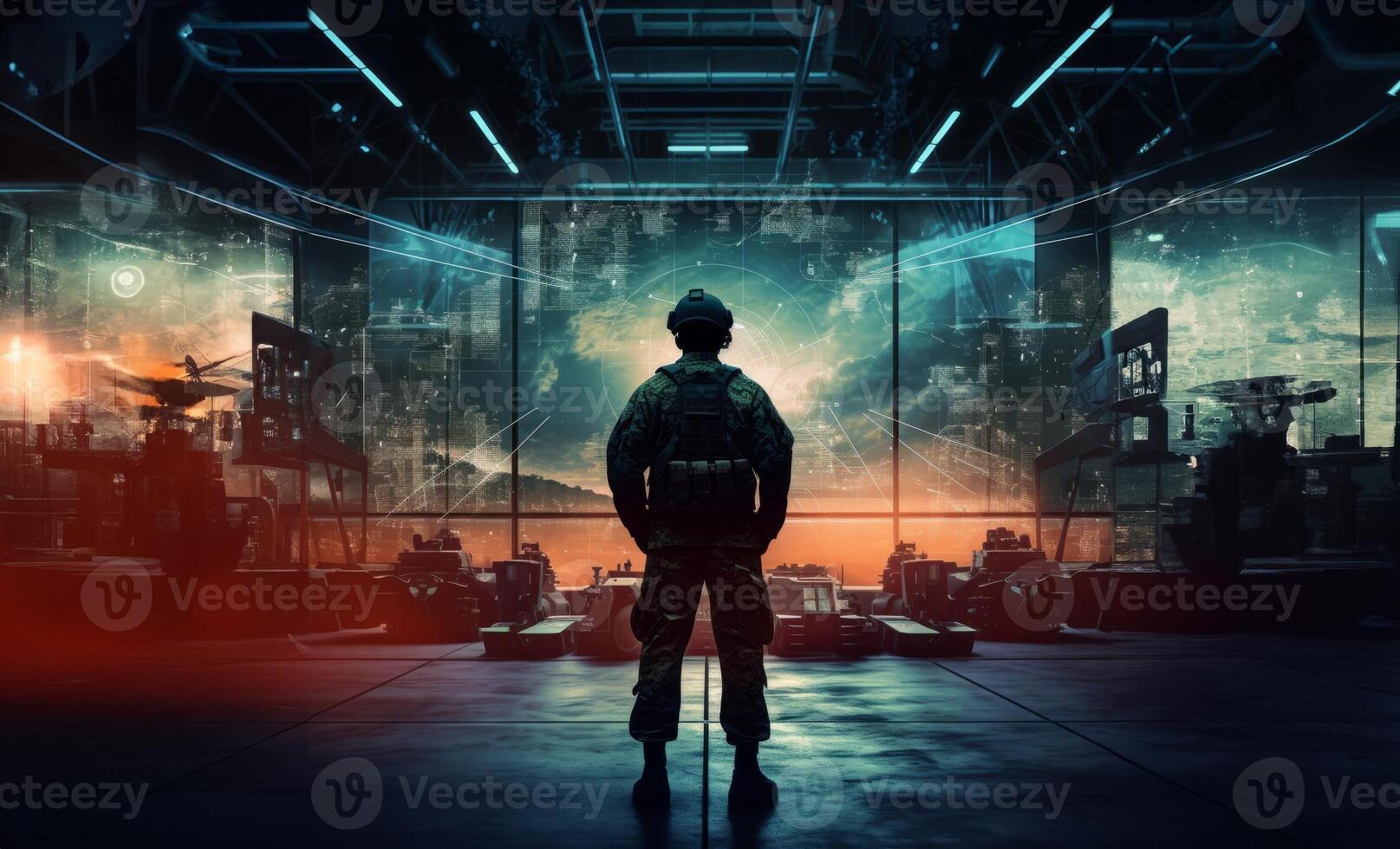 A special soldier is depicted observing the wartime situation and the advancement of his military army through holographic displays, showcasing strategic analysis and tactical planning in photo