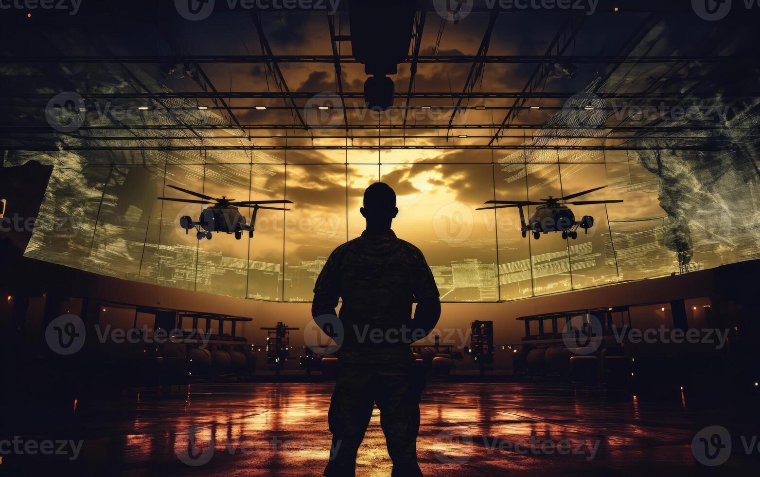 A special soldier is depicted observing the wartime situation and the advancement of his military army through holographic displays, showcasing strategic analysis and tactical planning in photo