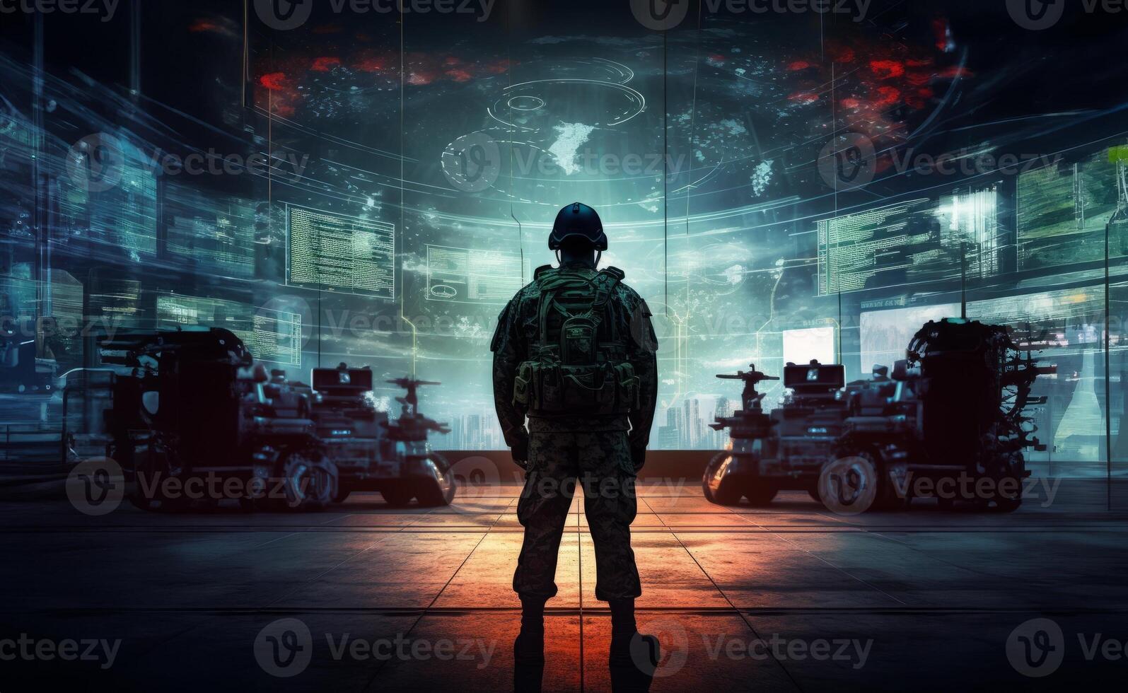 A special soldier is depicted observing the wartime situation and the advancement of his military army through holographic displays, showcasing strategic analysis and tactical planning in photo