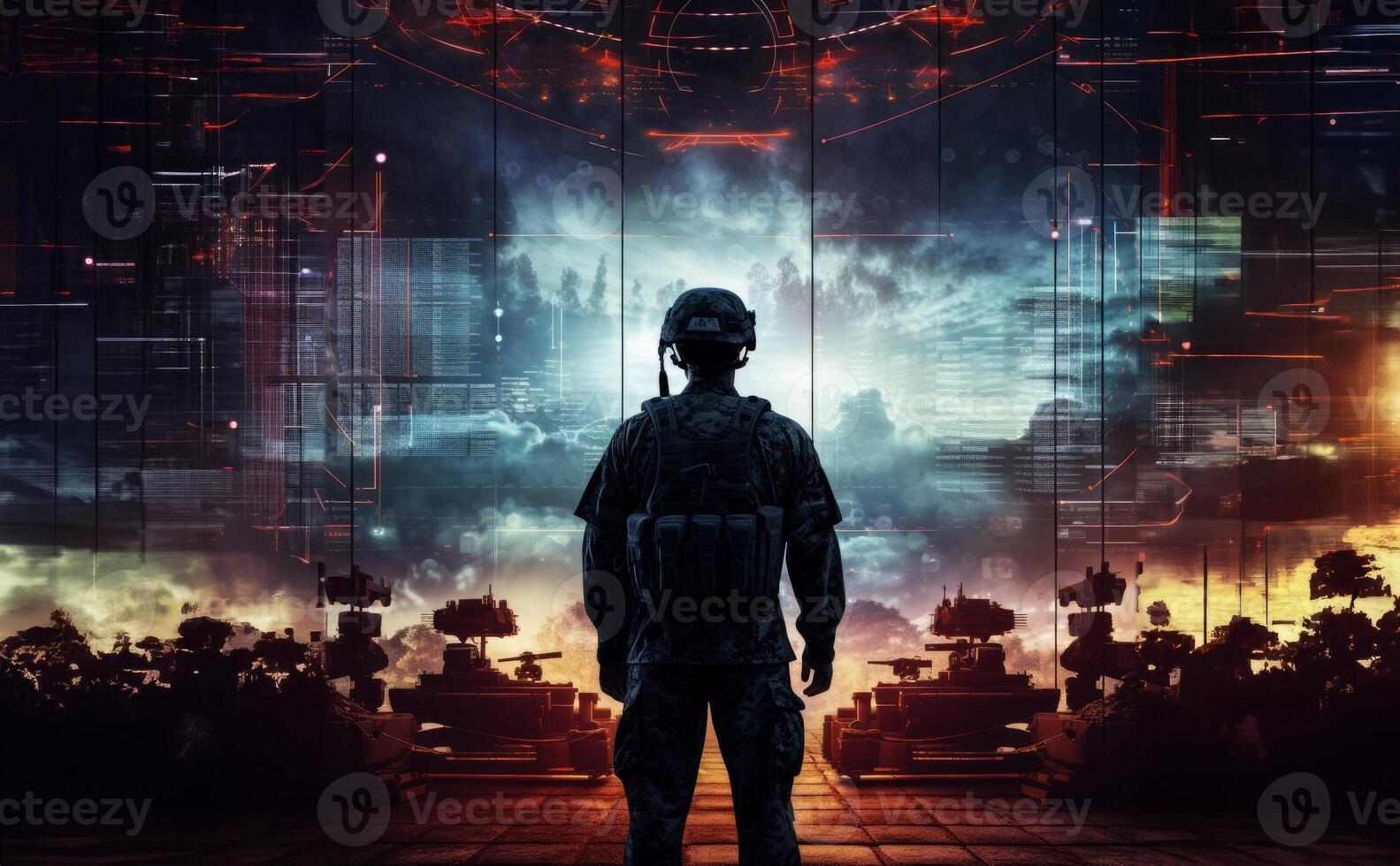 A special soldier is depicted observing the wartime situation and the advancement of his military army through holographic displays, showcasing strategic analysis and tactical planning in photo