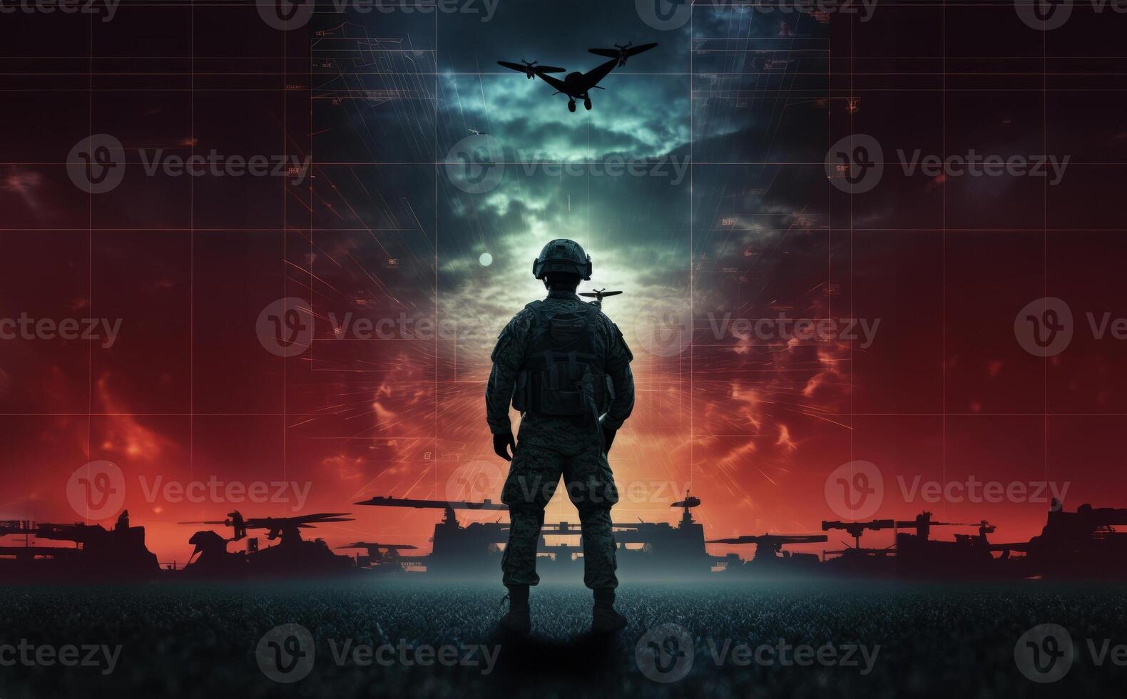 A special soldier is depicted observing the wartime situation and the advancement of his military army through holographic displays, showcasing strategic analysis and tactical planning in photo