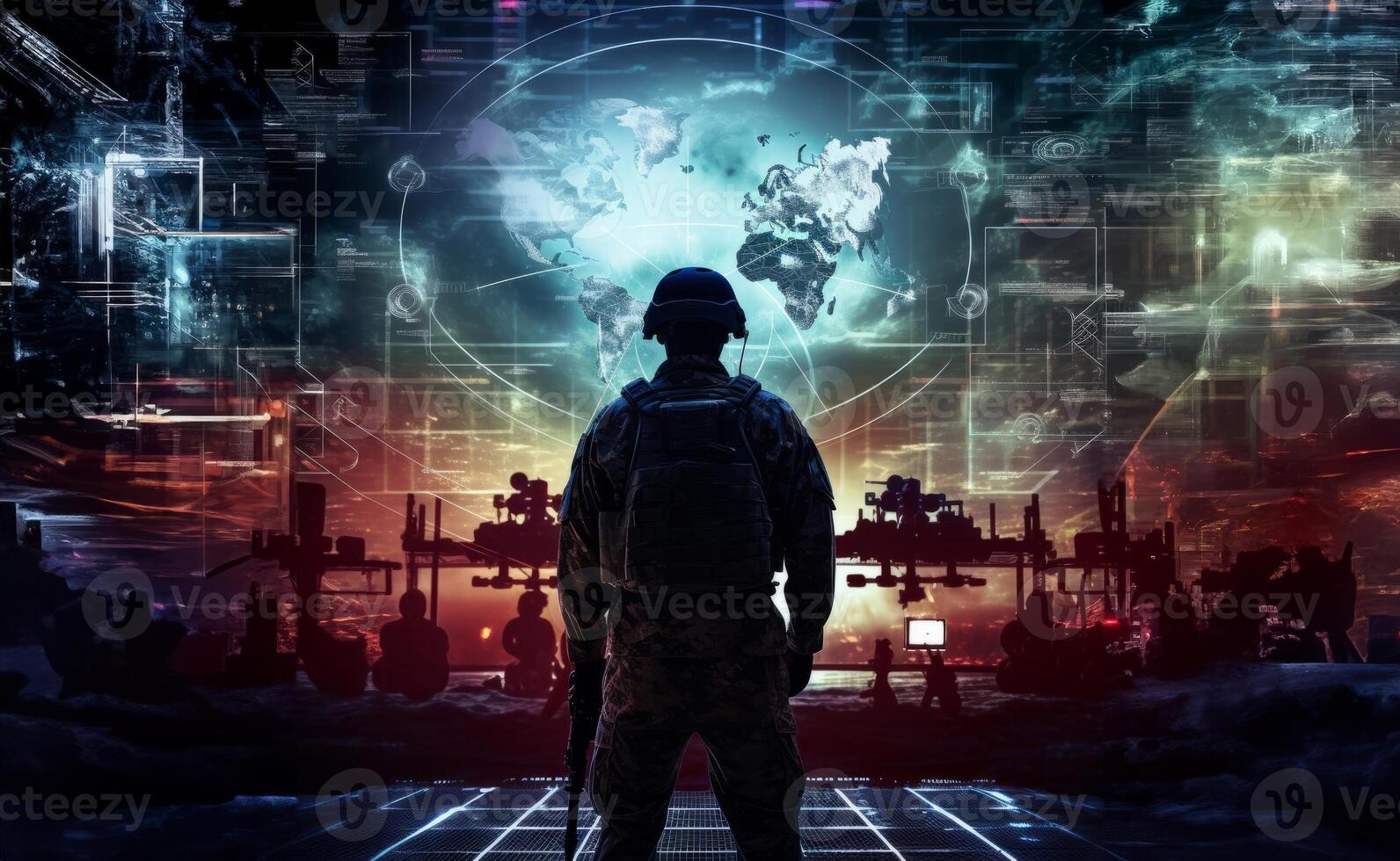 A special soldier is depicted observing the wartime situation and the advancement of his military army through holographic displays, showcasing strategic analysis and tactical planning in photo