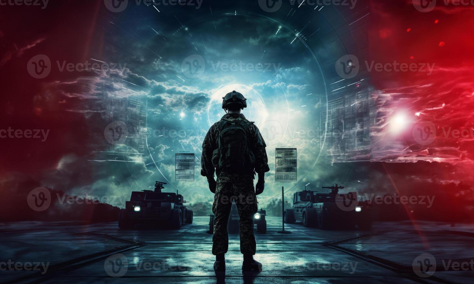 A special soldier is depicted observing the wartime situation and the advancement of his military army through holographic displays, showcasing strategic analysis and tactical planning in photo