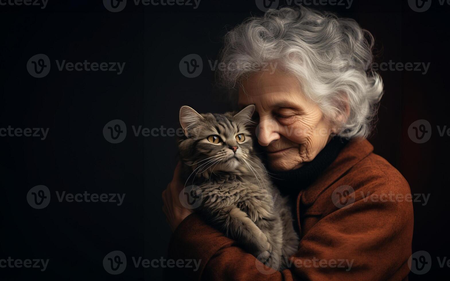 An elderly woman is captured in a heartwarming embrace with her cat, showcasing the deep bond of love, companionship, and contentment between them.Generated image photo