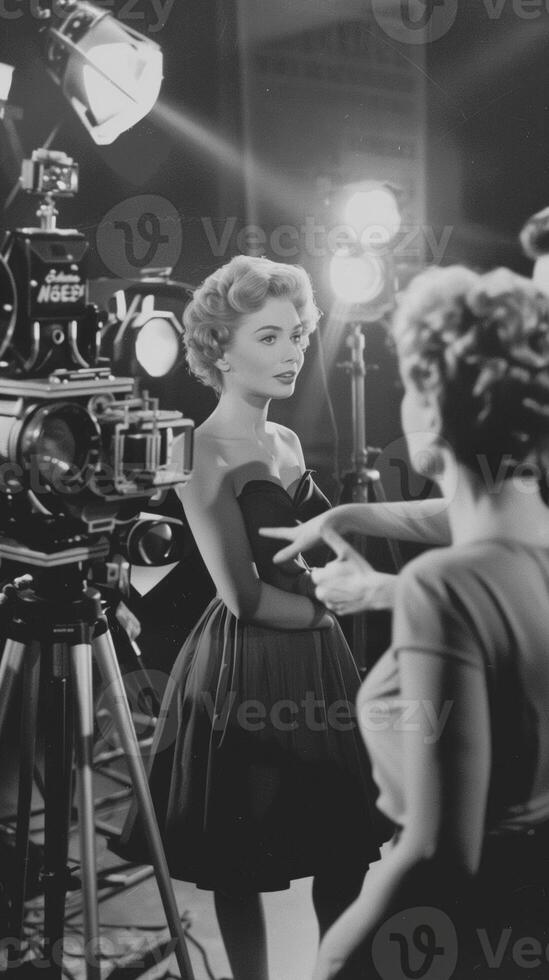Elegant Actress and Crew on Vintage Movie Set photo
