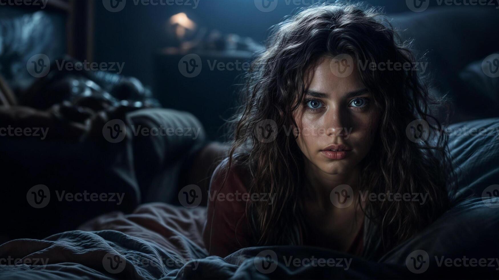 Dramatic shot of a young woman looking intensely in dim light photo