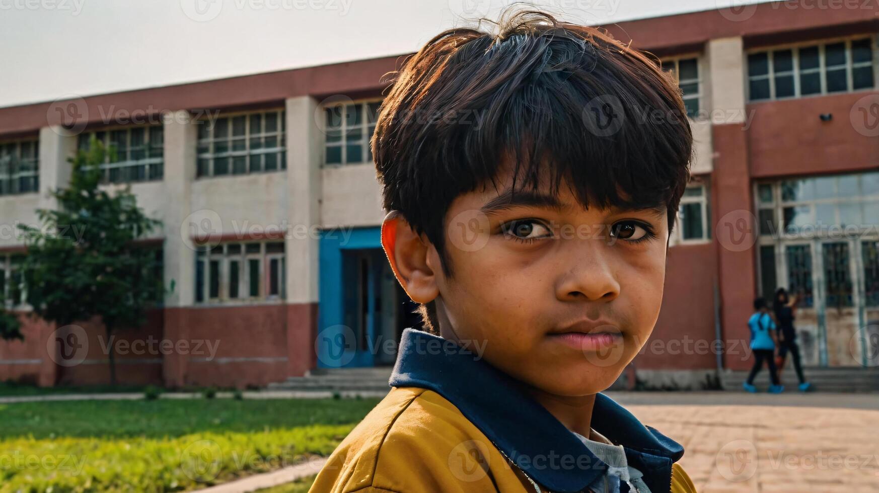 Happy young boy in front of school bus going back to school photo