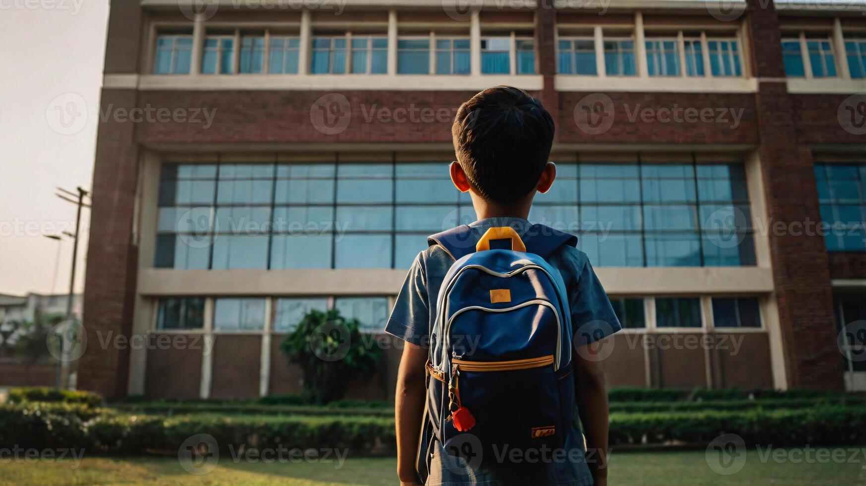 Happy young boy in front of school bus going back to school photo