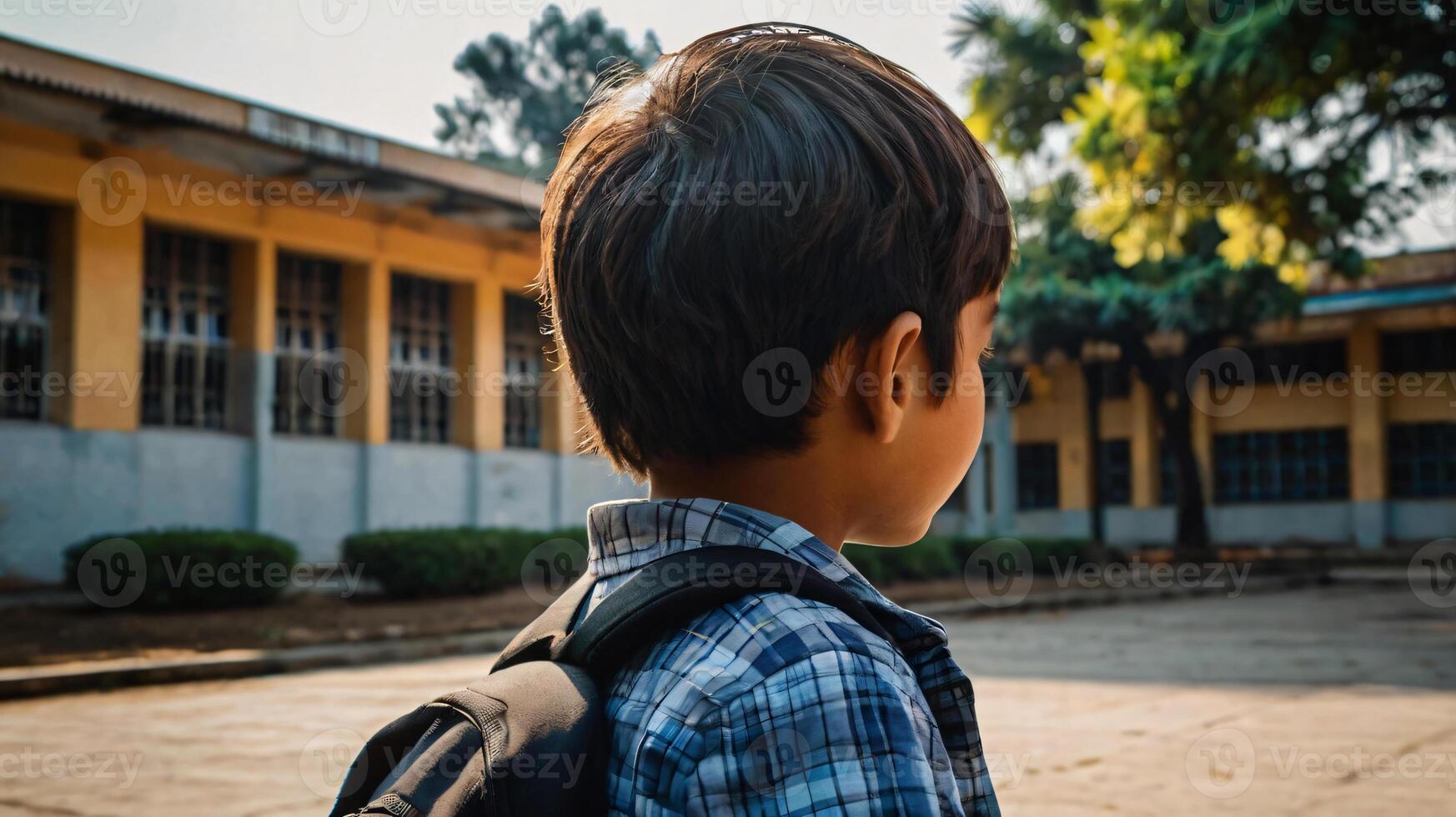 Happy young boy in front of school bus going back to school photo