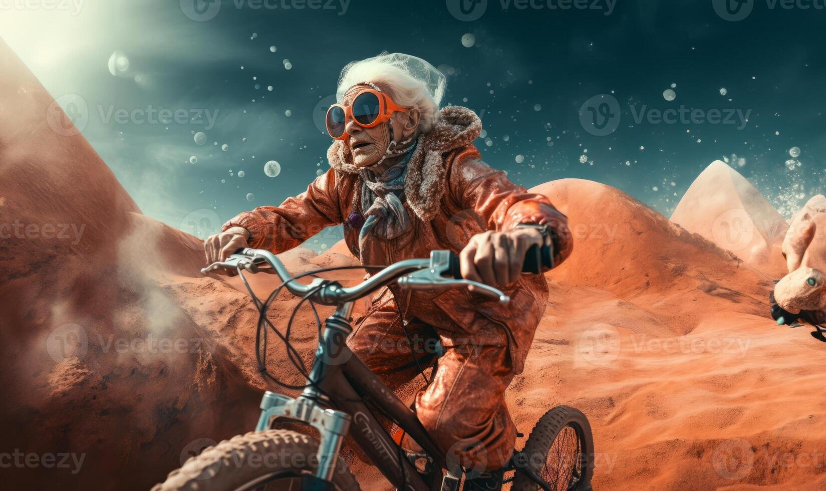 A futuristic depiction shows an elderly woman cycling across the surface of the moon, blending imagination, exploration, and the concept of space-age transportation.Generated image photo