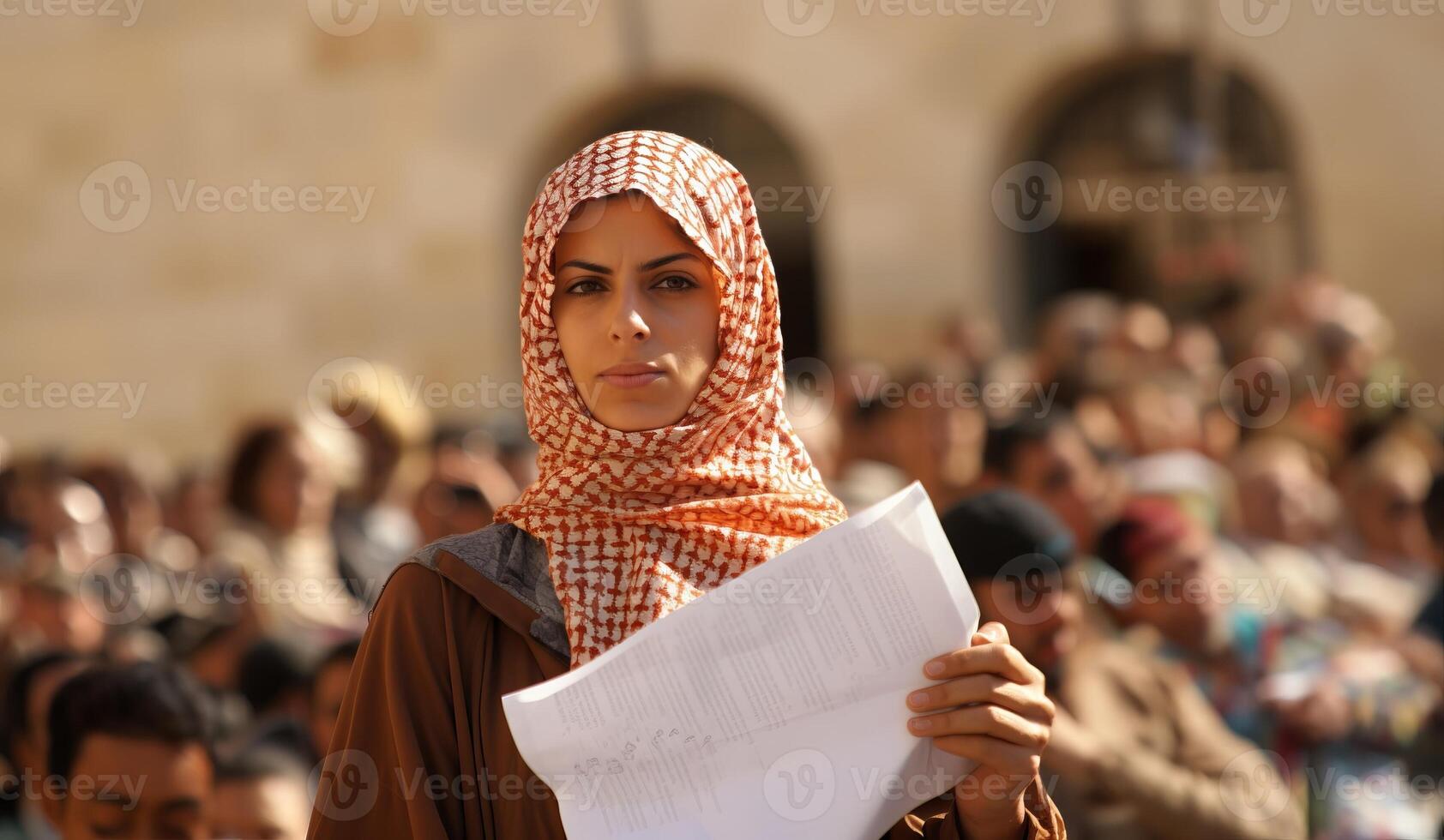 A group of Muslim women wearing hijabs is captured in a demonstration, symbolizing their collective struggle and advocacy for the rights of Muslims worldwide, emphasizing themes of photo