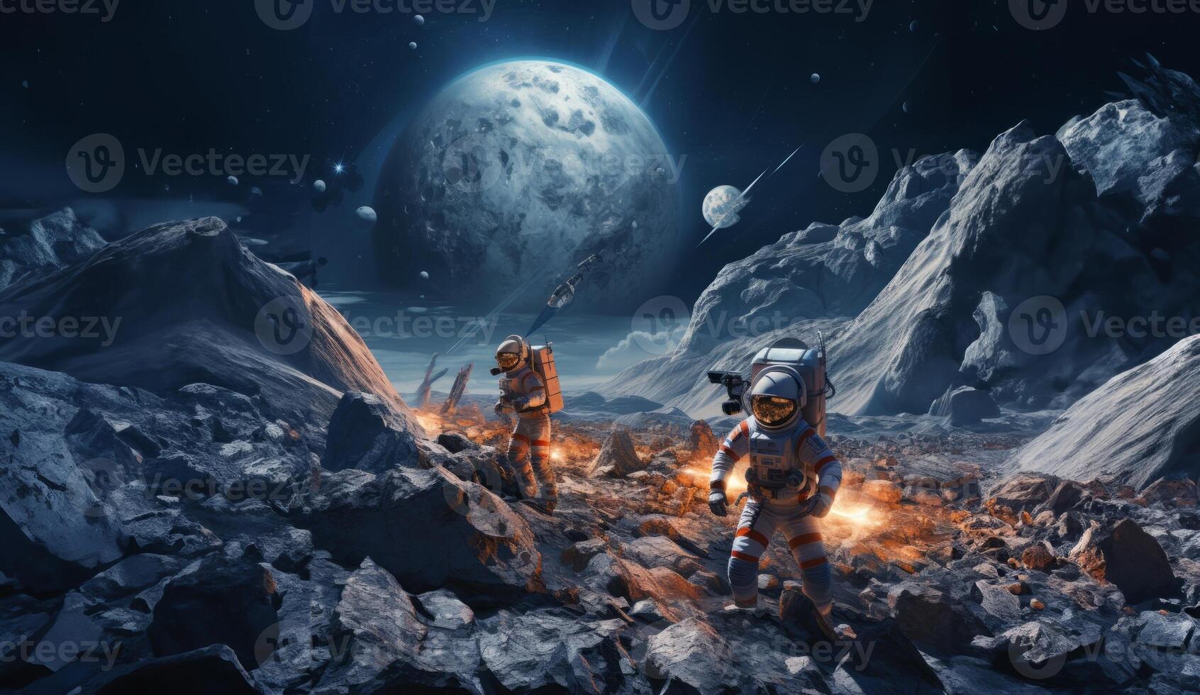 A group of modern astronauts is depicted exploring the hazardous surface of the moon in outer space, showcasing the daring mission of discovery and adventure in lunar exploration photo