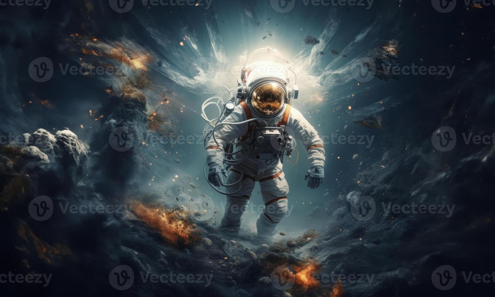 an astronaut and their team exploring mysterious and adventurous locations in space, embarking on a cosmic journey to uncover the wonders and mysteries of the universe.Generated image photo