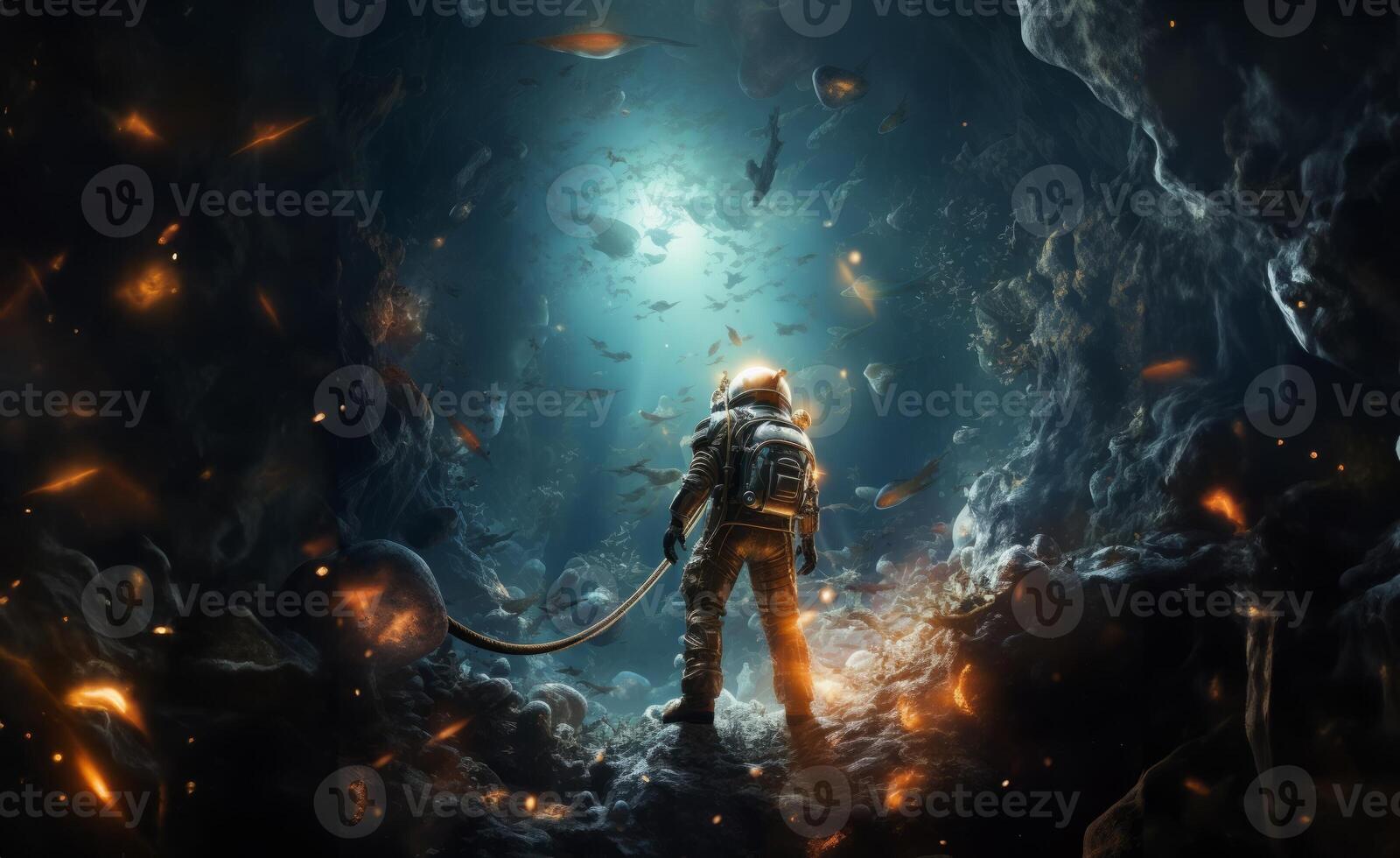 an astronaut and their team exploring mysterious and adventurous locations in space, embarking on a cosmic journey to uncover the wonders and mysteries of the universe.Generated image photo