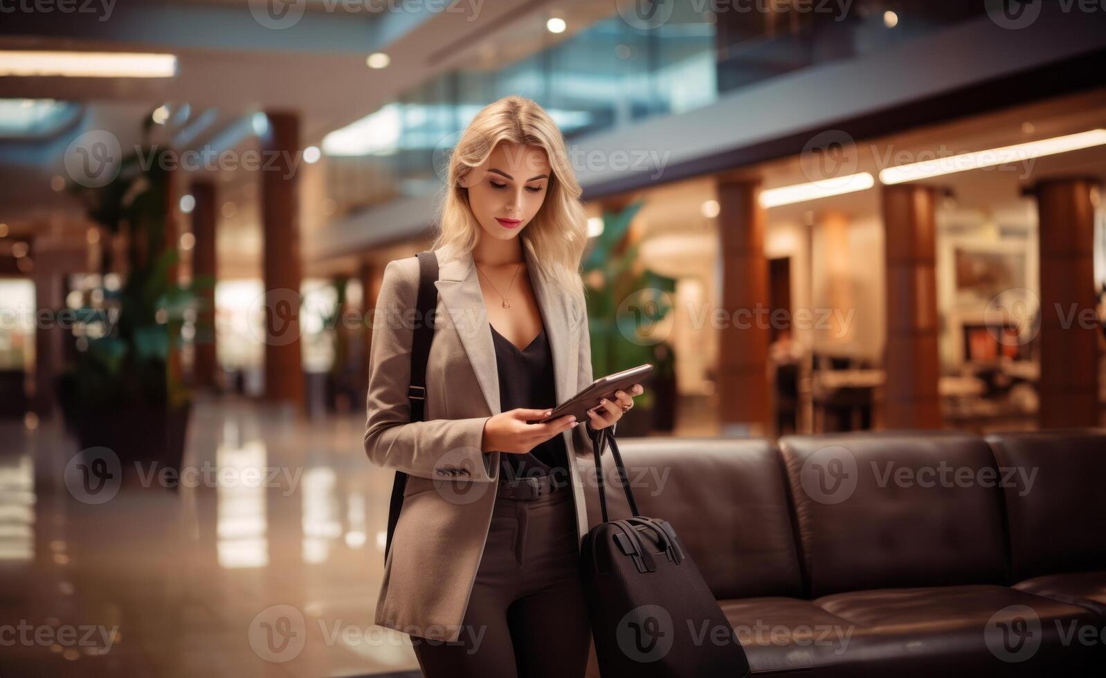 A businesswoman on a journey is captured at the airport, using her mobile phone while awaiting her flight.Generated image photo