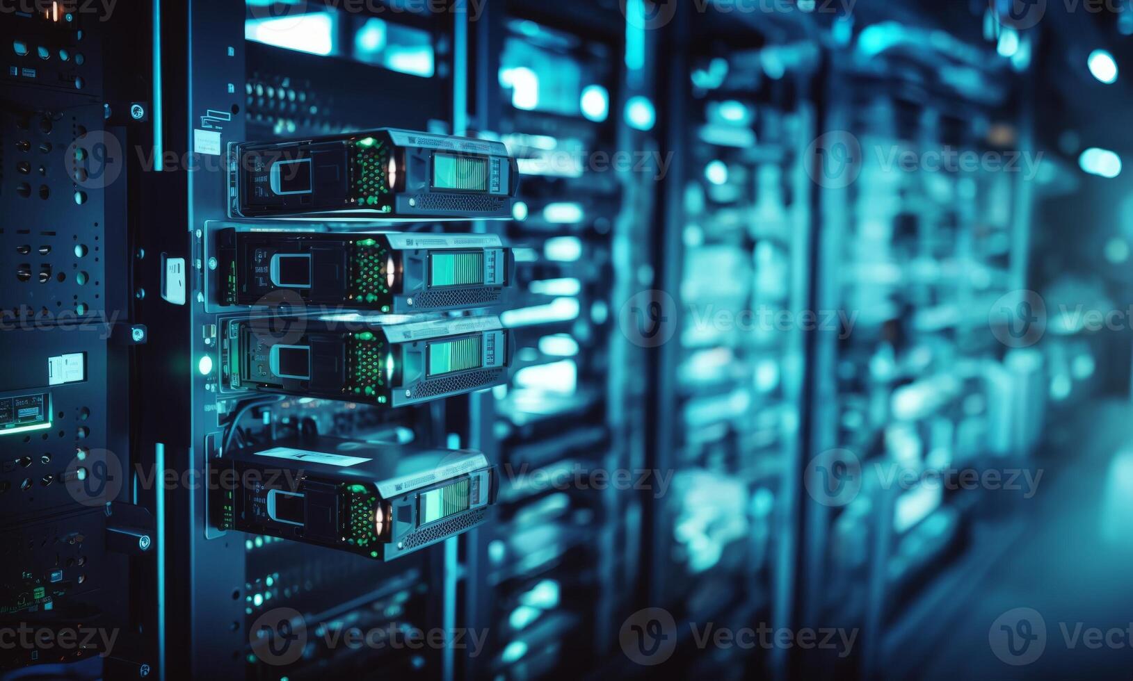 A close-up photograph showcases modern blue computers in a server room, illustrating the technological infrastructure of data management and communication networks.Generated image photo