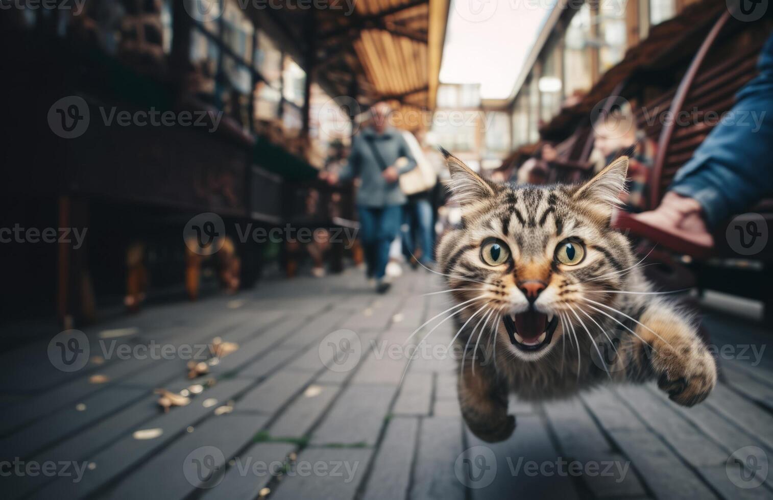 A close-up photograph captures a cat dashing through the urban streets with agility and speed, amidst the bustling cityscape photo