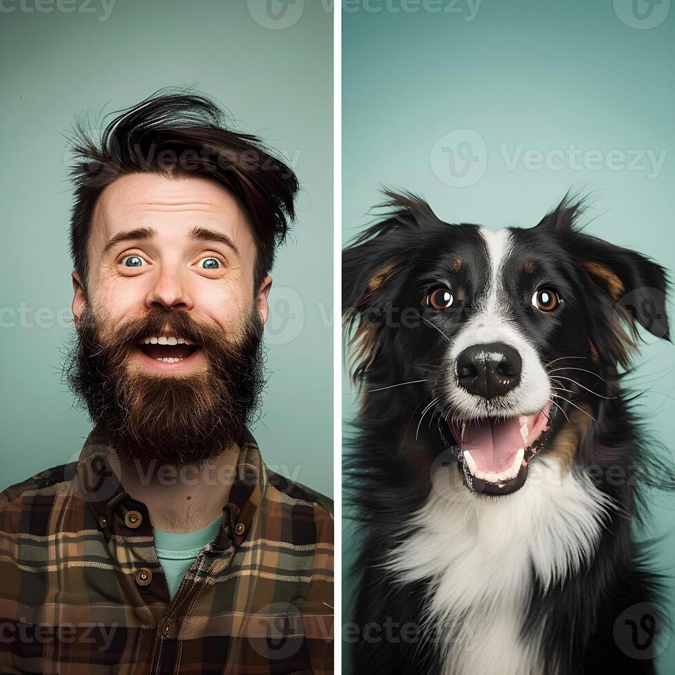 Joyful portraits of a Caucasian man and his happy Australian Shepherd dog photo