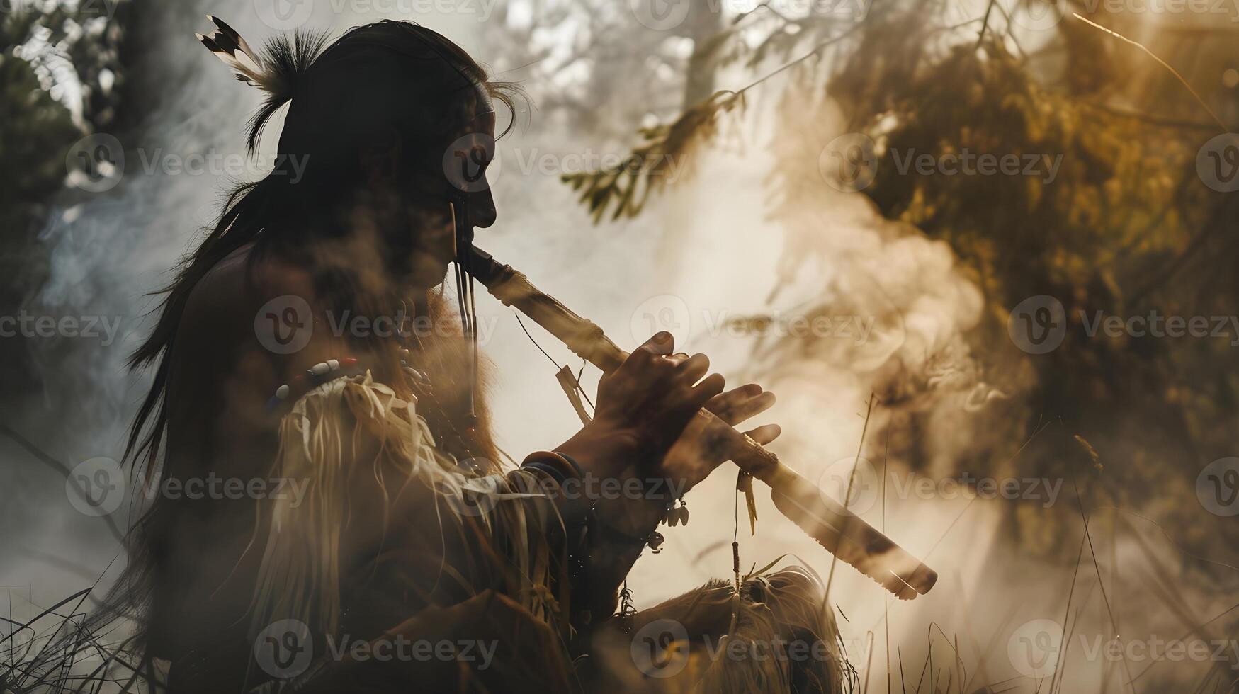 Indigenous American Musician Playing Flute Surrounded by Nature and Smoke photo