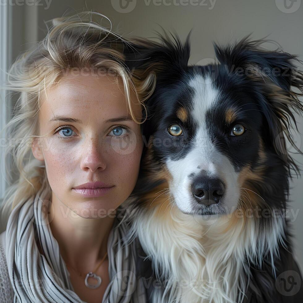 Portrait of a Caucasian woman with her Australian Shepherd dog photo