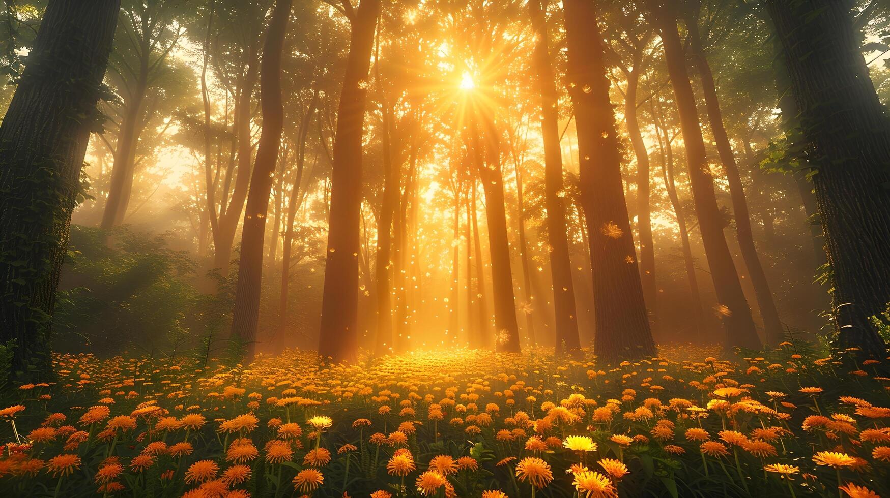 Sunlit Forest with Blooming Orange Flowers and Floating Particles photo