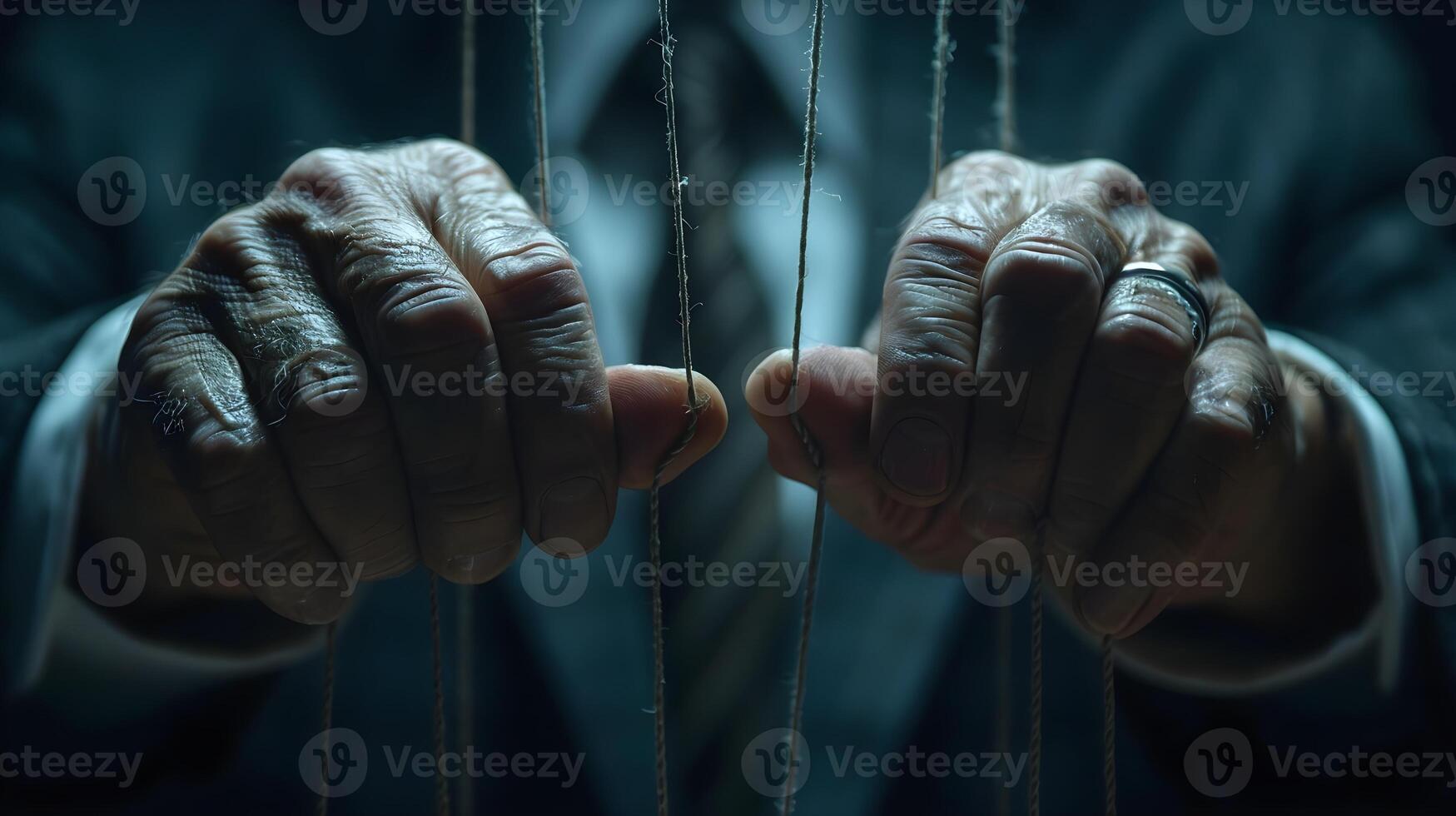 Powerful Hands Grasping Puppet Strings in a Dark Setting photo