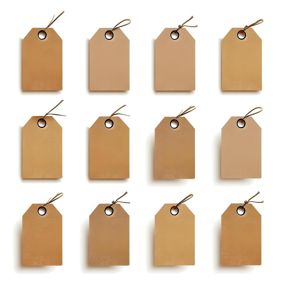 Set of twelve blank brown tags with strings on a white background photo