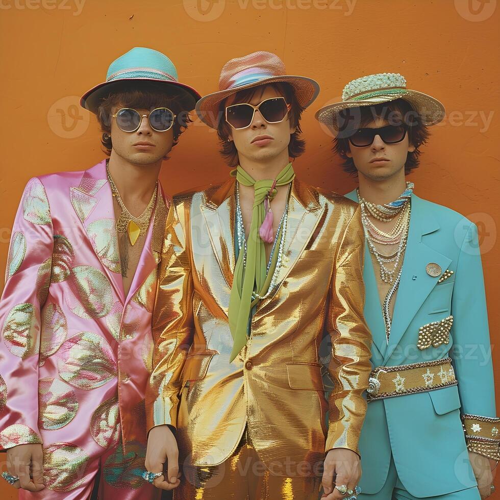 Stylish Trio in Gold, Pink, and Blue Suits Against an Orange Wall photo