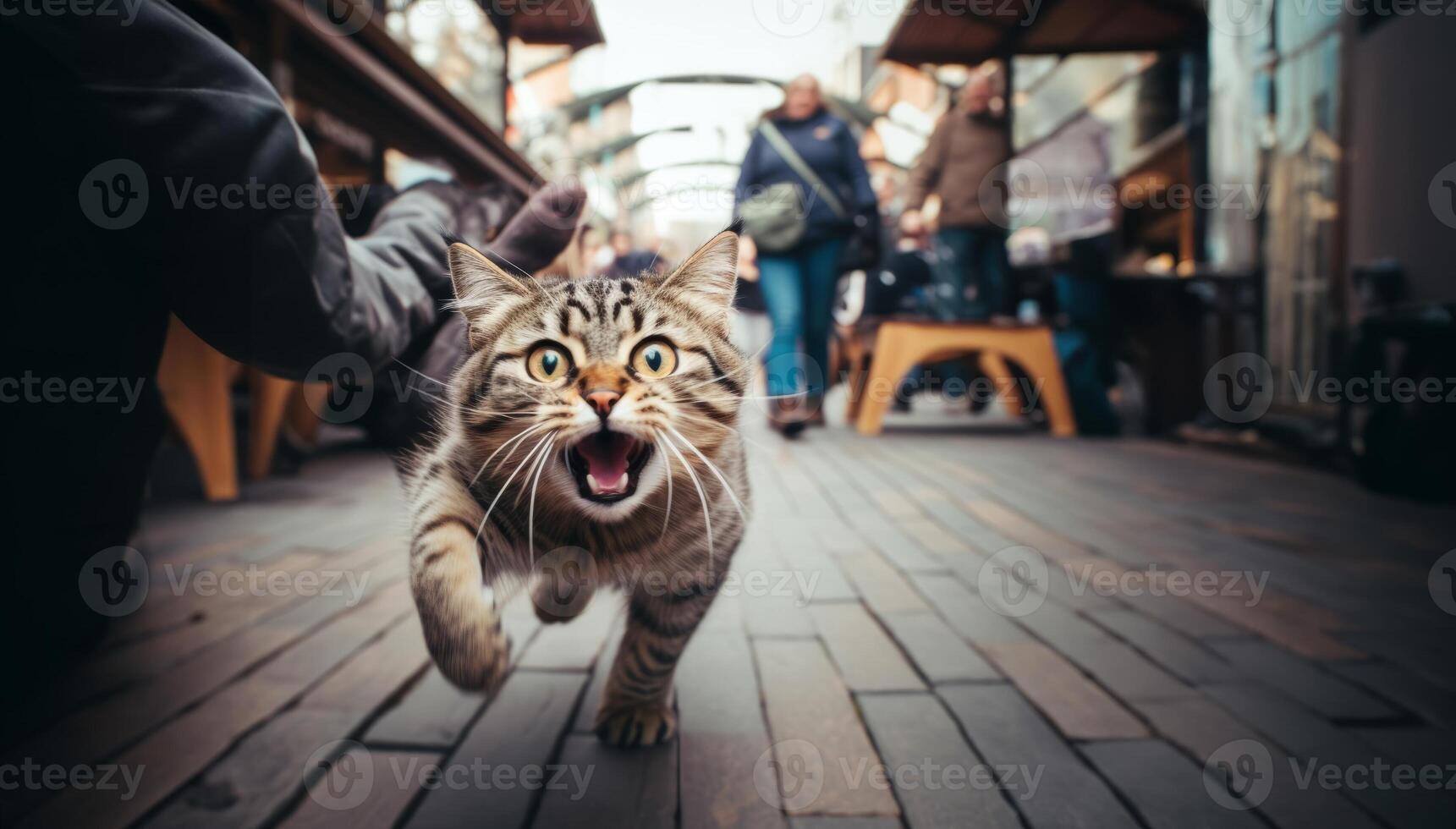 A close-up photograph captures a cat dashing through the urban streets with agility and speed, amidst the bustling cityscape photo