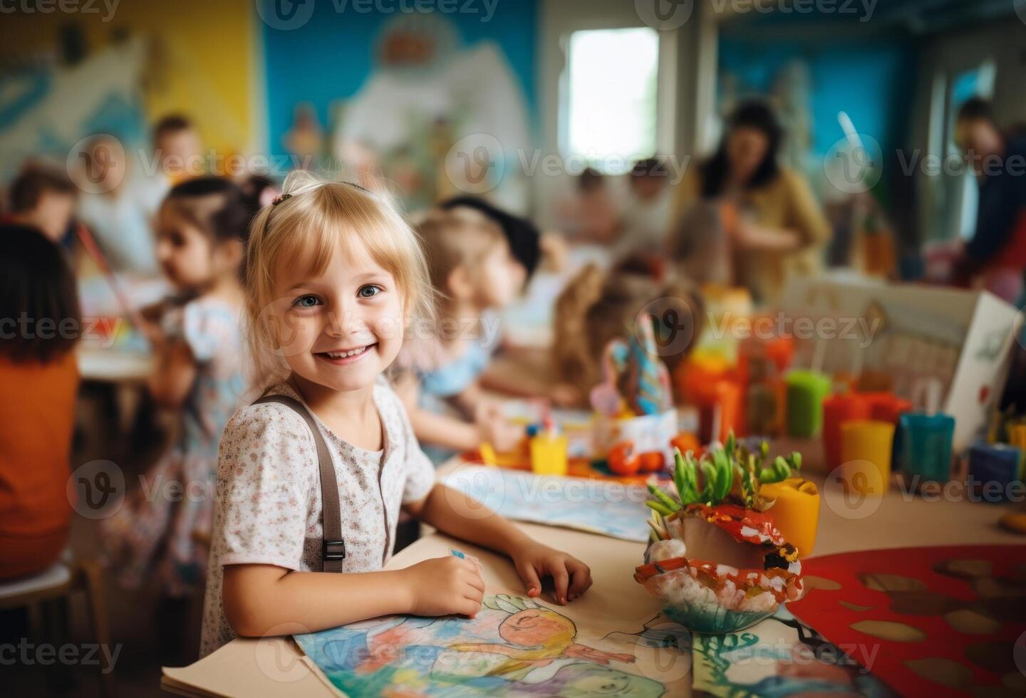 A group of young schoolchildren sits attentively in their classroom desks, fully engaged and enjoying the educational experience facilitated by their teacher.Generated image photo