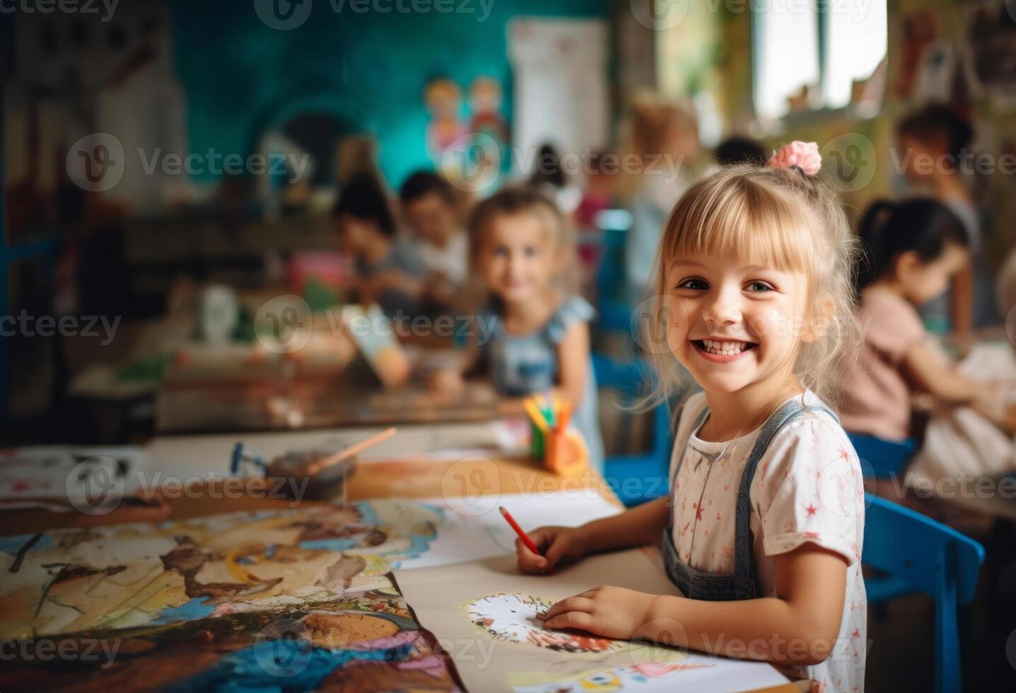 A group of young schoolchildren sits attentively in their classroom desks, fully engaged and enjoying the educational experience facilitated by their teacher.Generated image photo