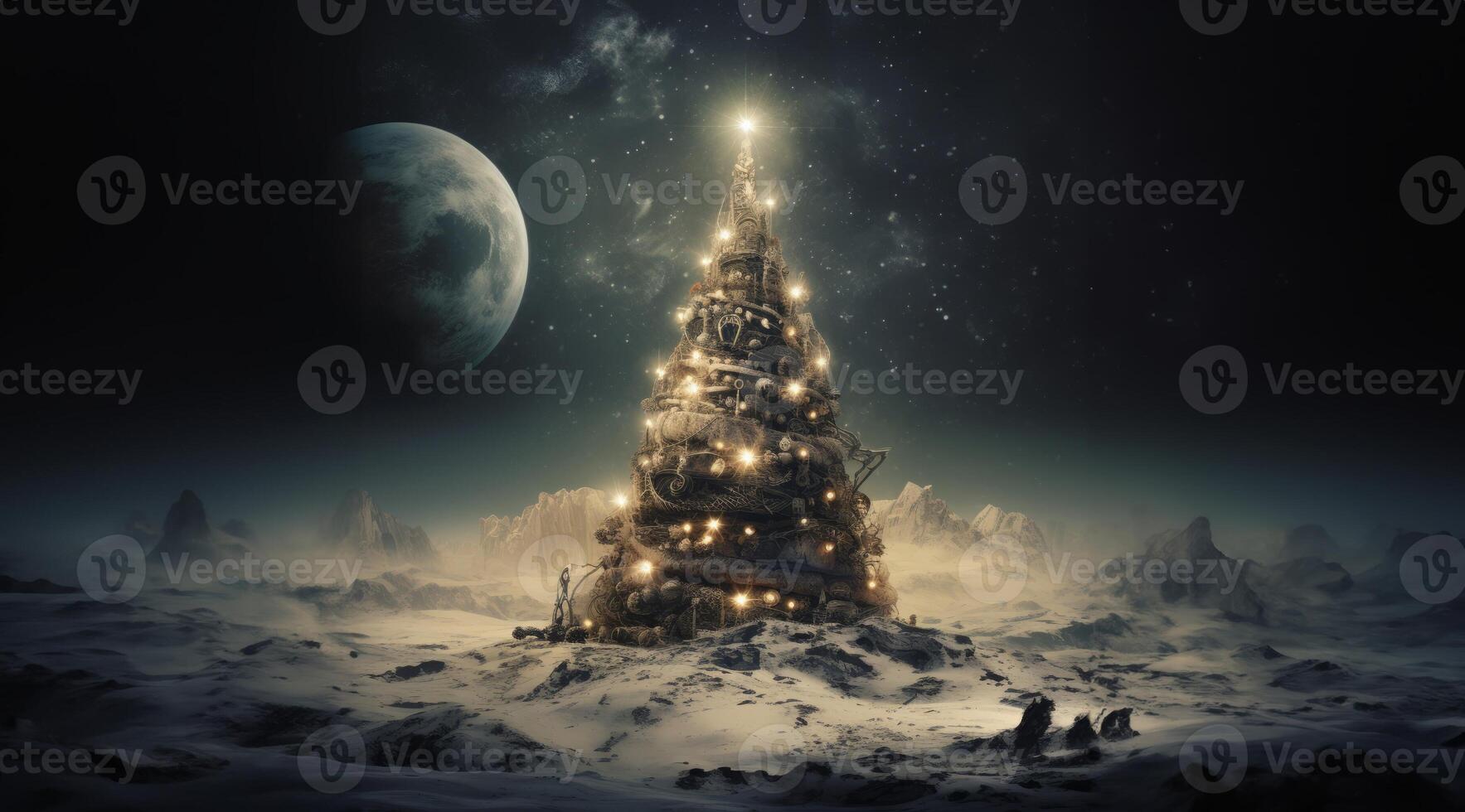 An astronaut on Mars celebrates the holiday season by decorating a Christmas tree, bringing a festive spirit to the distant red planet.Generated image photo