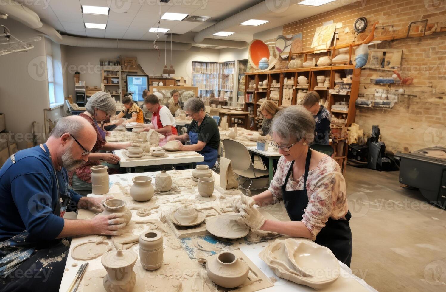 A diverse group of people come together to learn the art of pottery-making in a workshop, receiving instruction and guidance on sculpting clay into various vessels and forms.Generated photo