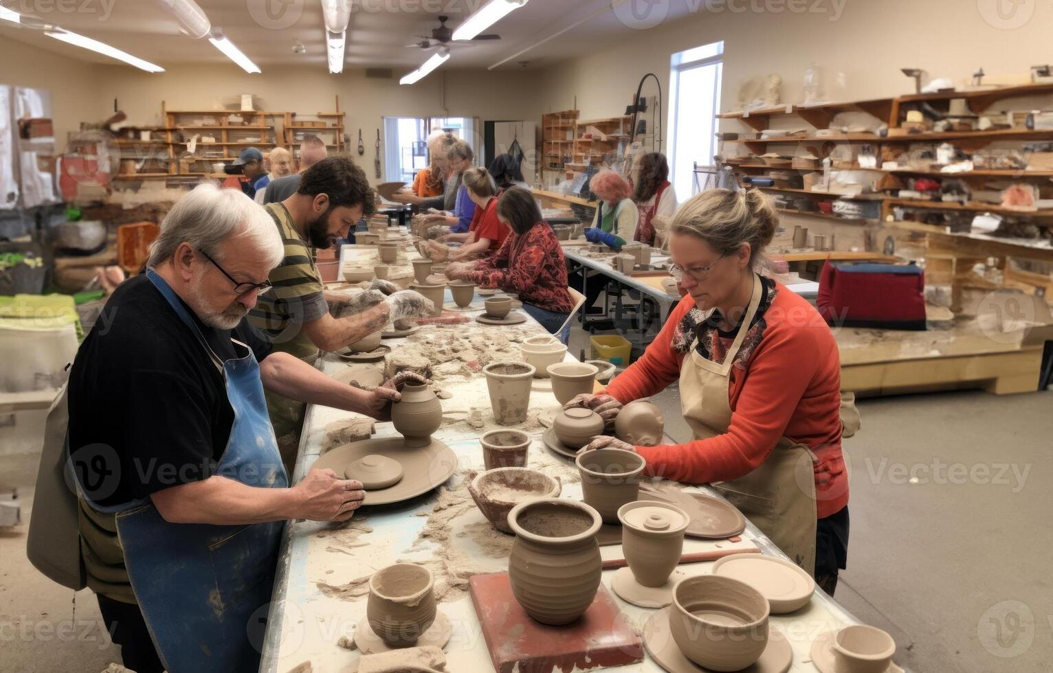 A diverse group of people come together to learn the art of pottery-making in a workshop, receiving instruction and guidance on sculpting clay into various vessels and forms.Generated photo