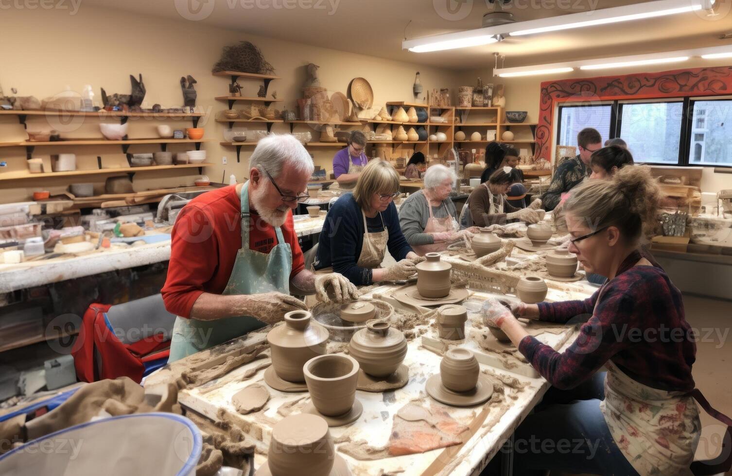 A diverse group of people come together to learn the art of pottery-making in a workshop, receiving instruction and guidance on sculpting clay into various vessels and forms.Generated photo