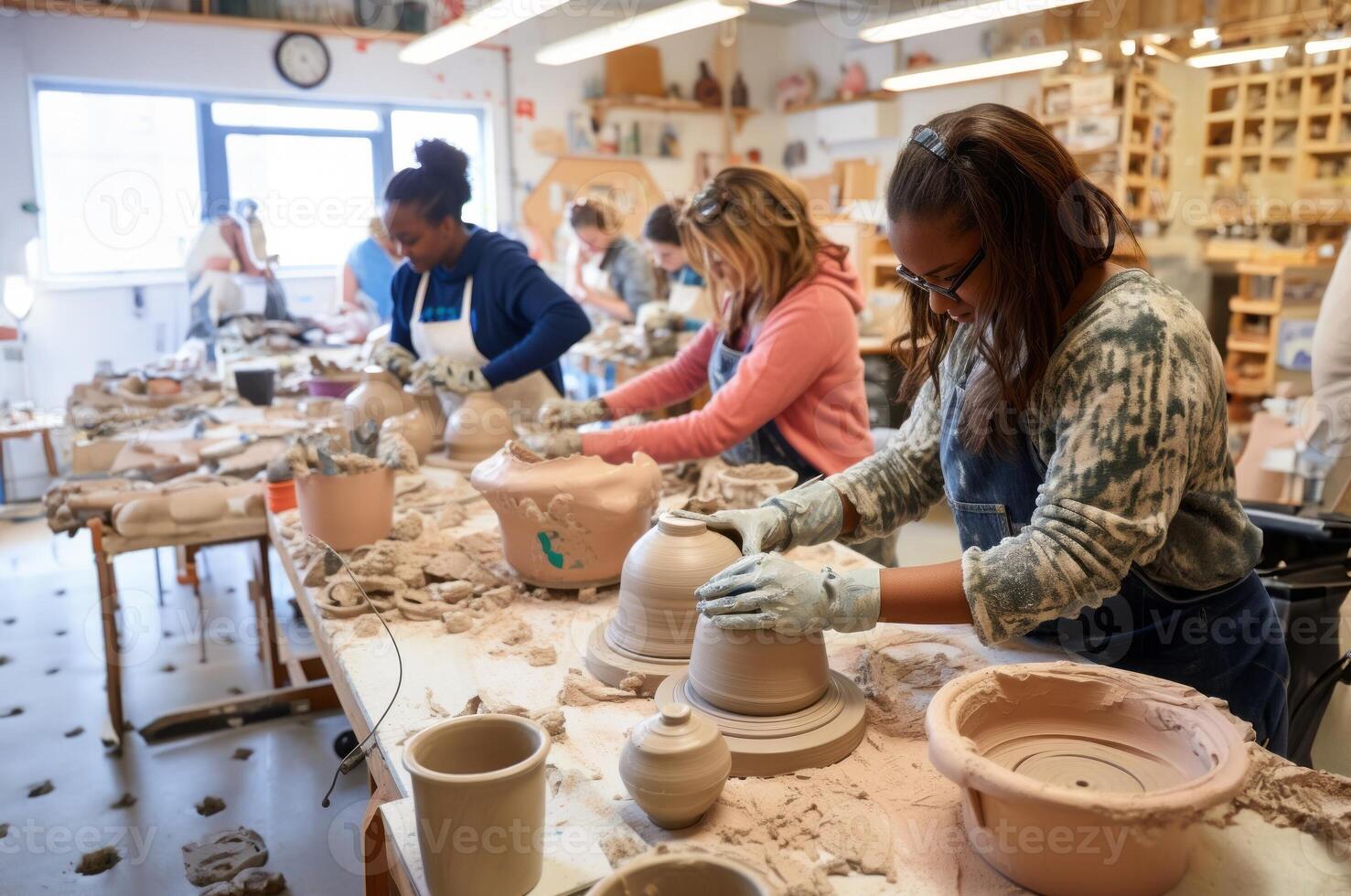 A diverse group of people come together to learn the art of pottery-making in a workshop, receiving instruction and guidance on sculpting clay into various vessels and forms.Generated photo