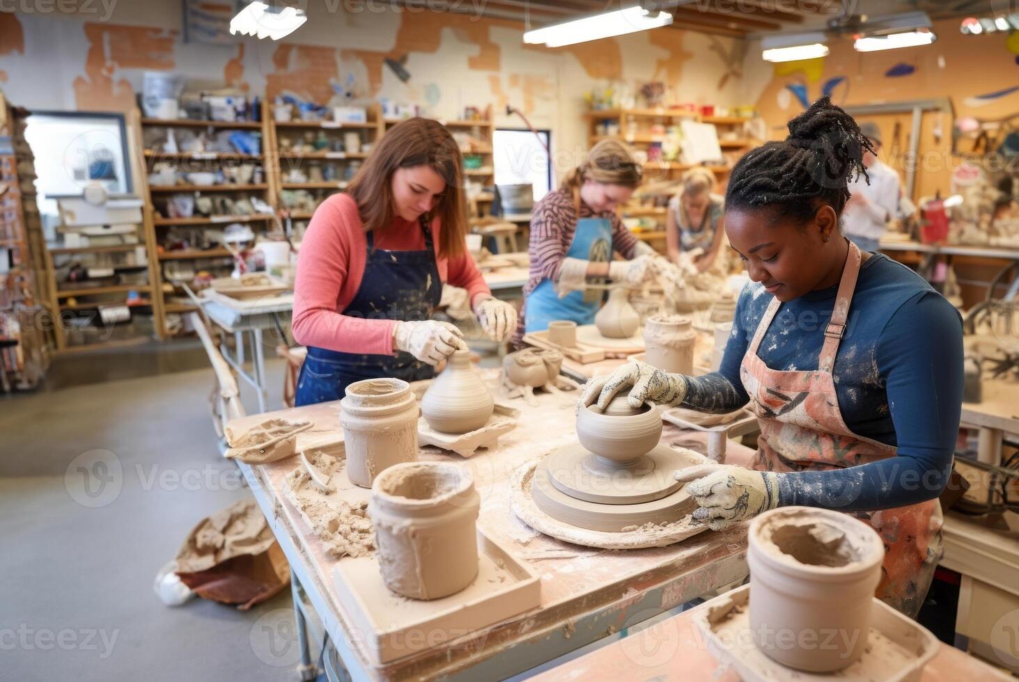 A diverse group of people come together to learn the art of pottery-making in a workshop, receiving instruction and guidance on sculpting clay into various vessels and forms.Generated photo