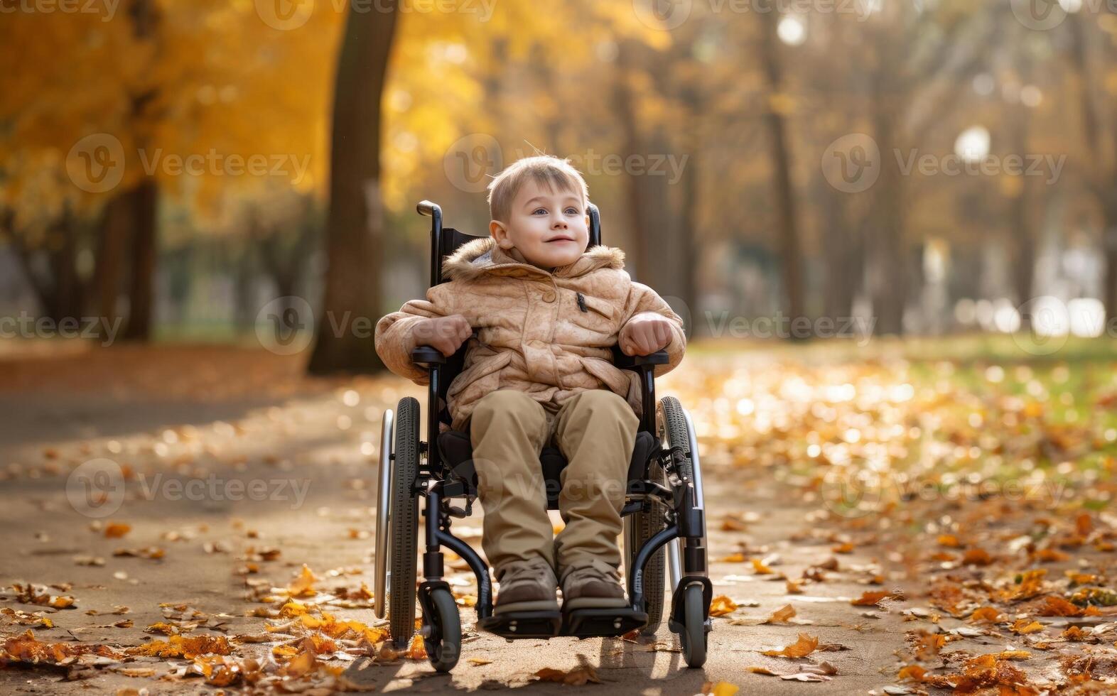 A beautiful young boy in a wheelchair enjoys a serene autumn day, surrounded by vibrant foliage in the park, embracing the wonders of nature with joy and curiosity.Generated image photo