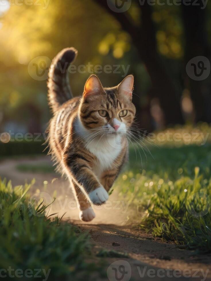 a cat running on a path in the grass photo