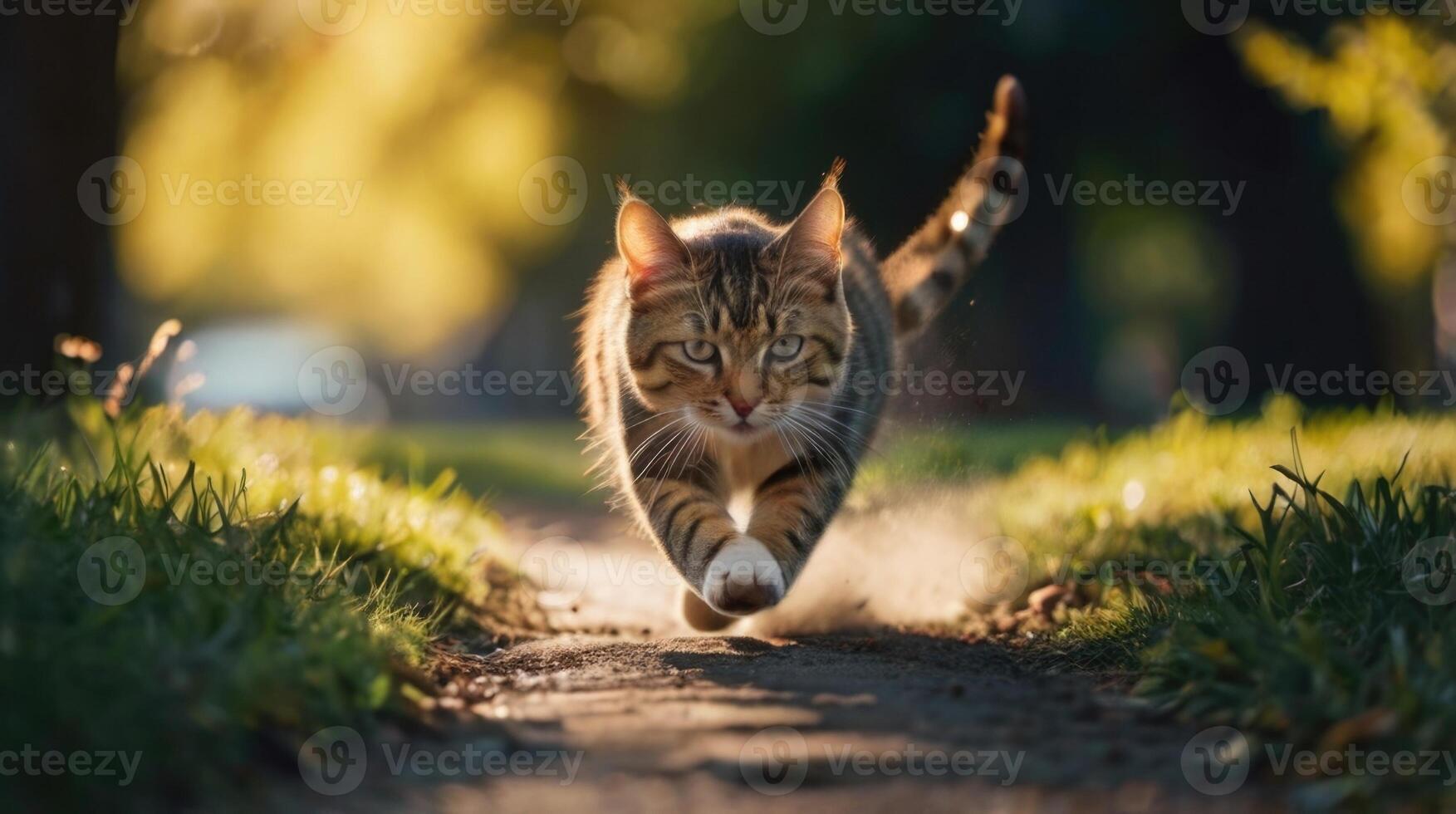 a cat running on a path in the grass photo