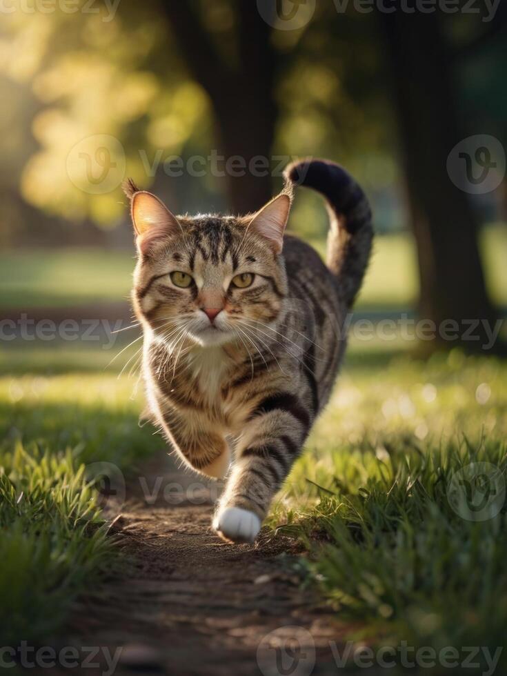 a cat running on a path in the grass photo