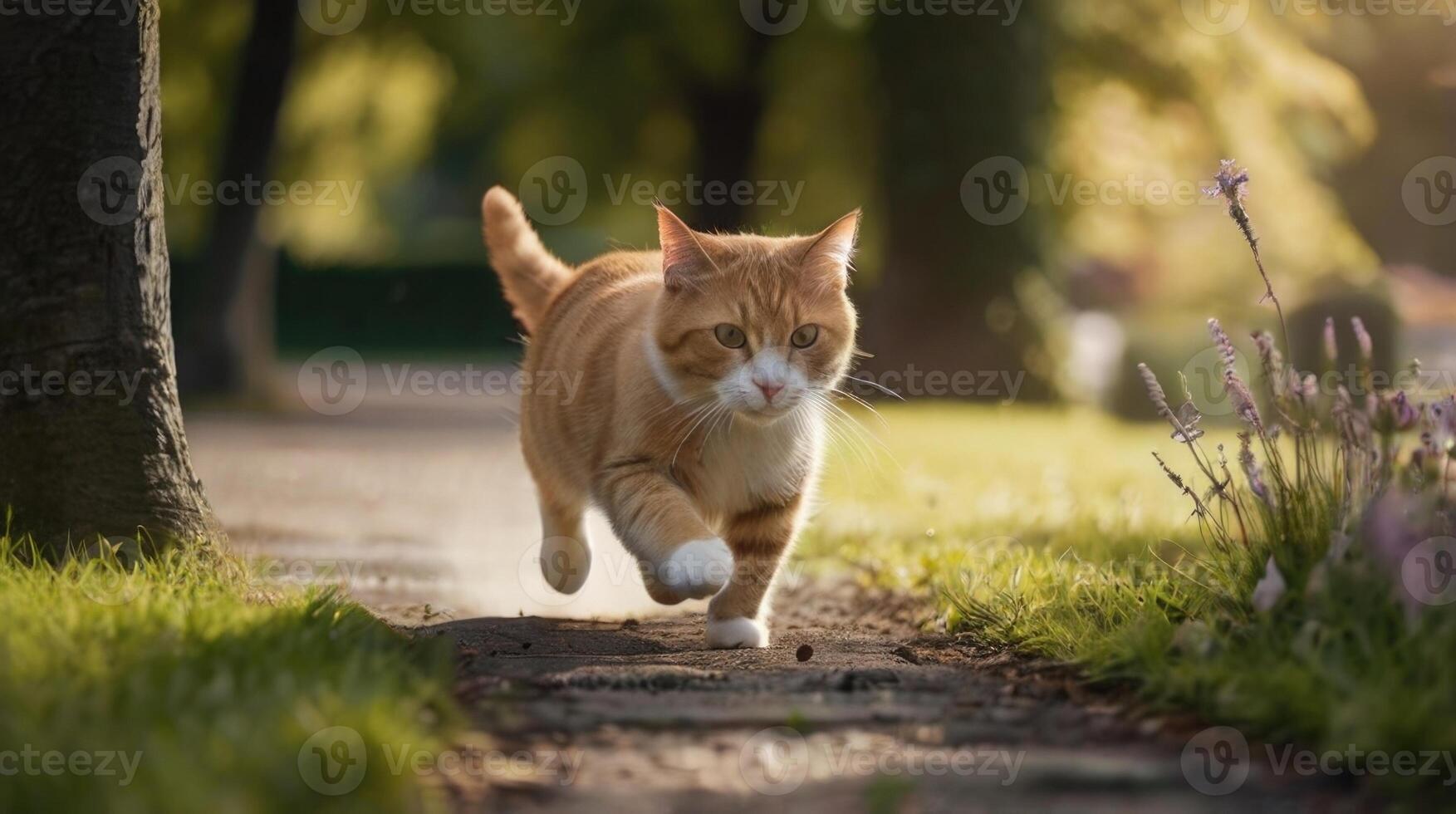 a cat running on a path in the grass photo