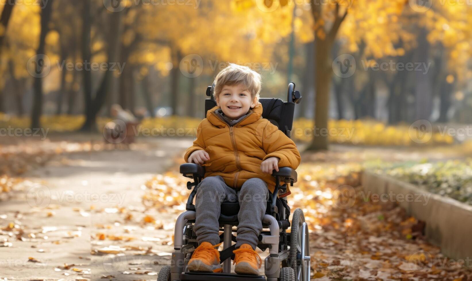 A beautiful young boy in a wheelchair enjoys a serene autumn day, surrounded by vibrant foliage in the park, embracing the wonders of nature with joy and curiosity.Generated image photo