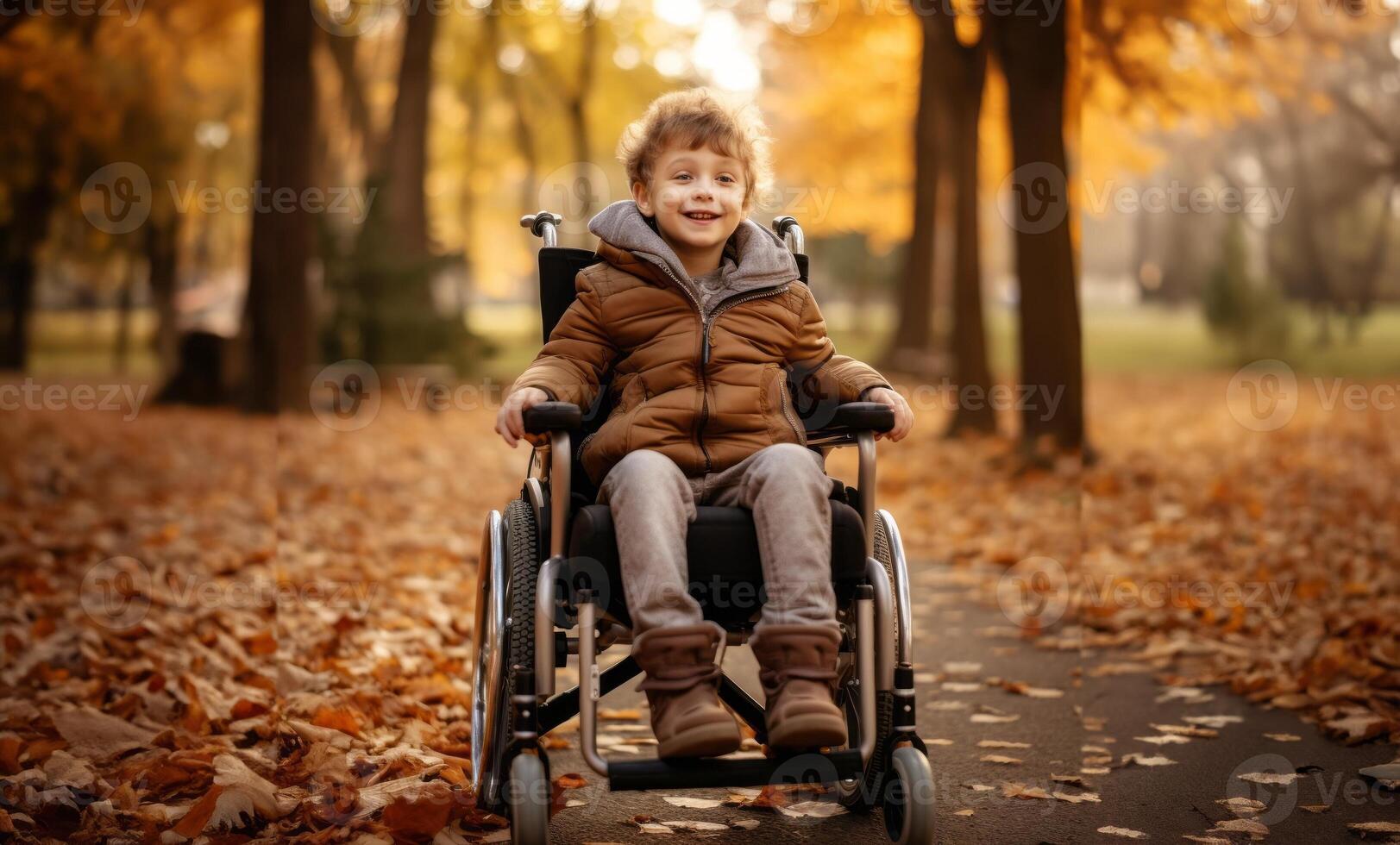 A beautiful young boy in a wheelchair enjoys a serene autumn day, surrounded by vibrant foliage in the park, embracing the wonders of nature with joy and curiosity.Generated image photo