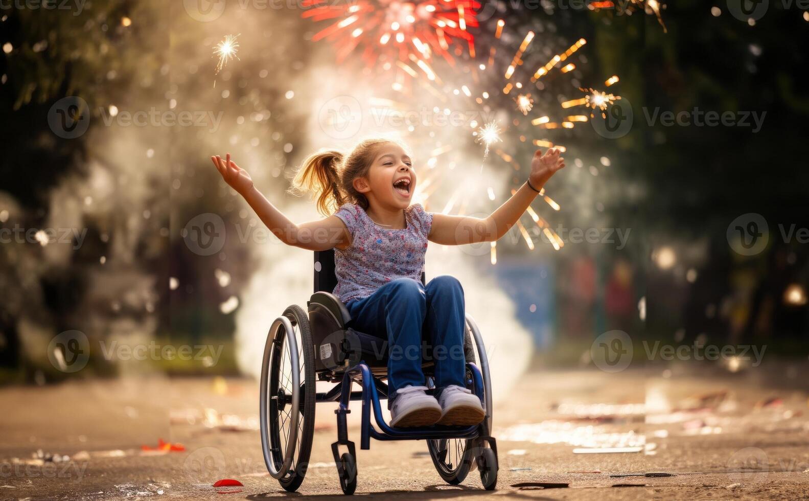 A beautiful girl with curly hair sits in a wheelchair, celebrating her birthday on an autumn day with a symbolic small fireworks display, surrounded by the vibrant colors of nature photo
