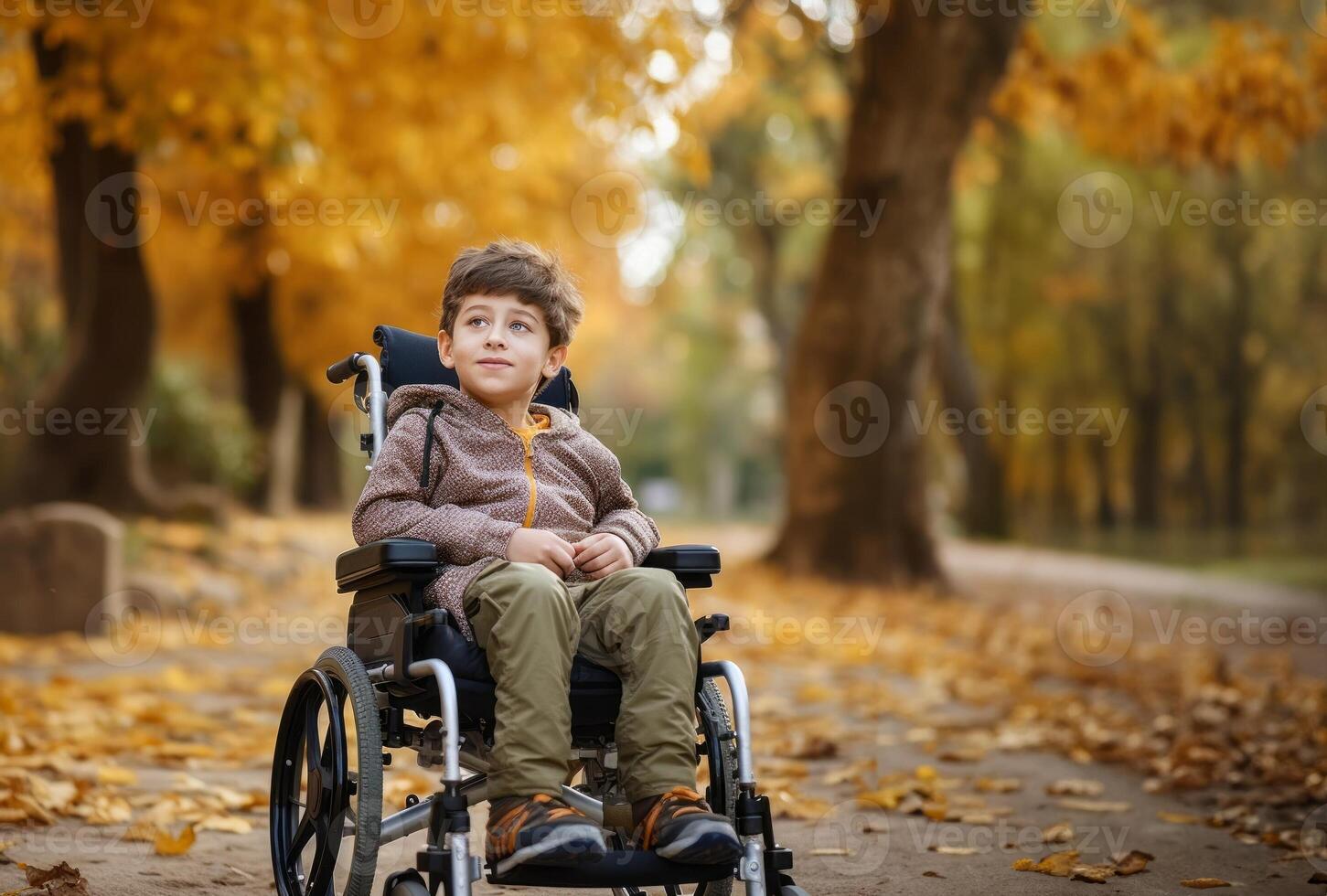 A beautiful young boy in a wheelchair enjoys a serene autumn day, surrounded by vibrant foliage in the park, embracing the wonders of nature with joy and curiosity.Generated image photo